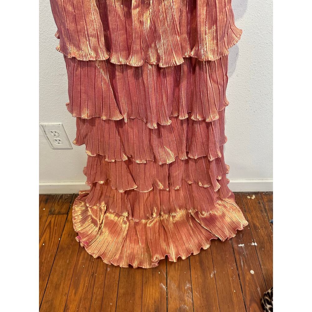 MAC DUGGAL Coral Pink Gold Ruffle Tiered Criss Cross Lace Up Back Gown Dress 2 - Picture 8 of 16